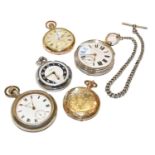 A silver pocket watch with attached silver curb link watch chain, two gold plated pocket watches