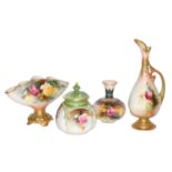 A Royal Worcester rose painted ewer, 21cm high; together with a similar vase and cover, another, and