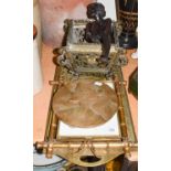 ~Glasgow school Arts & Crafts brass serving tray, a pierced brass planter frame, a bronze portrait