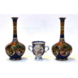 A pair of Japanese Meiji period cloisonne bottle vases, together with an 18th century Chinese loving