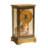 A brass four glass chempleve enamel striking mantel clock, retailed by Cahoon Brothers, Paris, circa