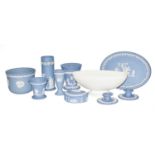 A quantity of Wedgwood Jasperware including vases, collectors plates, boxes etc (two trays)