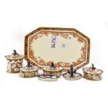 A Royal Crown Derby Imari pattern dressing table set, circa 1904, printed red marks and a similar