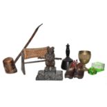 Two trays of metal wares and wooden items including a Black Forest pipe rack, Nailsea glass pipe,