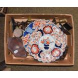 A box containing miscellaneous items, two Imari chargers