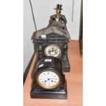 ~ A Victorian black slate and marble striking mantel clock, an ebonised striking mantel clock