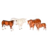 John Beswick bulls comprising, Charolais, Hereford, Limousin and a calf, with boxes and four Beswick
