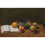 J Tsuzuki (20th Century) "At Grassington,Yorks, a teapot and fruits" Signed and dated 1975, May