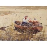 William Norman Gaunt (1918-2001) Three figures in a rowboat, wearing straw boaters Signed, mixed