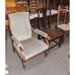 A George III provincial oak plank seated chair, together with a 19th century part upholstered