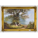 Les Parsons (20th Century) Children picnicing beneath a large tree Signed, oil on canvas, 49.5cm
