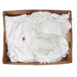 Assorted decorative white linen hand towels, tea cloths, mats, pillowcases including a CC41