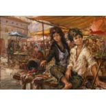 Nino Salvatore Esposito (Contemporary) Children selling fish at market Signed, oil on canvas, 49.5cm