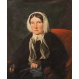 British School (19th century) Portrait of a lady wearing a black dress and a white headscarf, half-