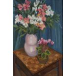 Anne Carrick (1919-2005) "Flowers on a Chess Table" Signed, oil on board, 75cm by 49.5cmSold