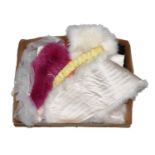Assorted costume accessories, including a Ralph Lauren white feather stole, a DKNY pink faux fur