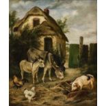 After Reuben Hunt (1879-1962) Farmyard scene with donkeys, pig and chickens Bears signature R