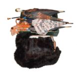 Assorted feathers, braid, trims, beads, and other accessories, six assorted parasols and