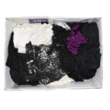 A quantity of assorted lace remnants in black and cream, stoles, trims and edgings, etc (large box)