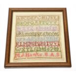 Four small framed late 19th/early 20th century woolwork alphabet samplers, worked by M J Hanks, Mary