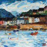 Alan Knight (b.1949) Harbour scene Initialled, oil on board, 61cm by 61cm (unframed) Artist's Resale