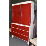 A white and red painted pine press cupboard, 173cm by 50cm by 200cm (cornice loose but present),