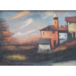 G Rino 20th/21st centuryAn abstract landscape depicting houses beside a woodlandSigned, oil on