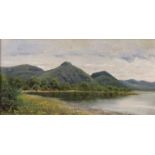 A J Makinson (20th century) Lake district view with cattle watering in the distance Signed, oil on