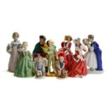A collection of porcelain figures including Royal Worcester Grandmother's Dress, the Parakeet, Royal