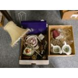 Six boxes of miscellaneous ceramics and glass including decanters, Victorian jugs, Royal