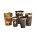Five Various Silver or Silver Plate Mounted Horn Beakers, each variously tapering, with plain