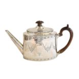 A George III Silver Teapot, Probably by John King, London, 1797, slightly tapering oval and with