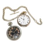 A Military Waltham pocket watch, and a silver Omega pocket watch with attached curb link watch