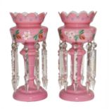 A pair of Victorian floral painted pink glass table lustres, 36cm highCondition report: Both with