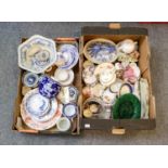 Four boxes of ceramics and glass etc including Derby teawares in the Derby Posies pattern, Minton