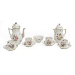 A Herend porcelain part coffee set, ozier moulded and painted with Deutsche Blumen, comprising