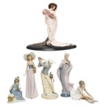 A Lladro figure of a golfer, Nao figures, Royal Doulton Falstaff character jug, and a Franklin