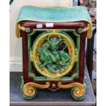 A Pair of Minton Majolica Garden Seats, 1863, of square form with faux rattan seats over pierced