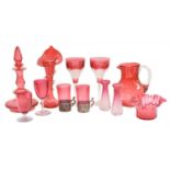 Quantity of Victorian and later cranberry glass, including a faceted decanter and stopper, a Jack in