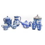 Quantity of Wedgwood blue Jasperware including three biscuit barrels (two with silver plated