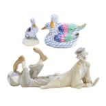 Two Herend porcelain ducks, and a Lladro clown (3)Condition report: All three pieces free from