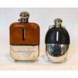 Two Silver Plate Mounted and Leather Covered Glass Spirit-Flasks, one oblong, the base with