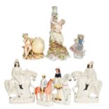 A Sitzendorf candlestick, similar figural vase, four Staffordshire figures, Lladro figure, porcelain