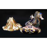 Royal Crown Derby Imari paperweights; Octopus (certificate), Imari Crab, Coral Seahorse (