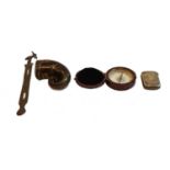 A 19th century horn pocket snuff mull, a pocket compass, a plated vesta case, two silver curb link