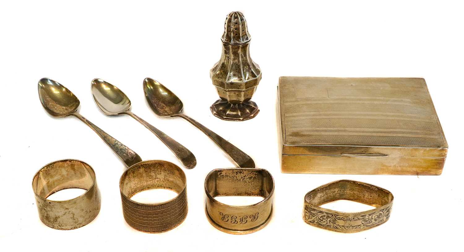 Assorted silver items including a pepperette, engraved cigarette box, four napkin rings, three - Image 2 of 2