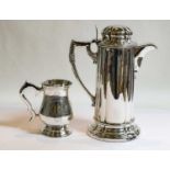 A silver plate tray on four scroll feet, a silver plate flagon, and a silver plate mug (3)