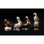 Royal Crown Derby Imari paperweights; Hadleigh Brown Pelican, White Pelican, Newstead Woodpecker,