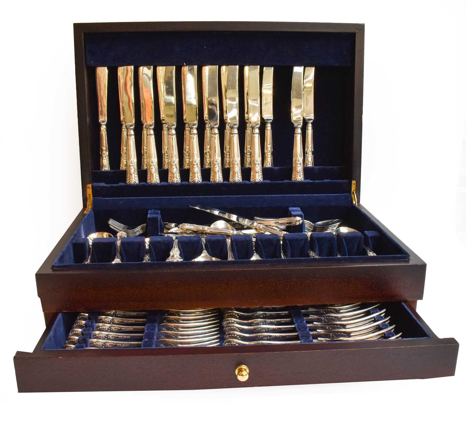 Mahogany cased silver plated canteen of Kings pattern cutlery stamped Harrods Ltd, twelve place