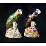 Royal Crown Derby Imari paperweights; Amazon Green Parrot (certificate), Bronze Wing Parrot, gold